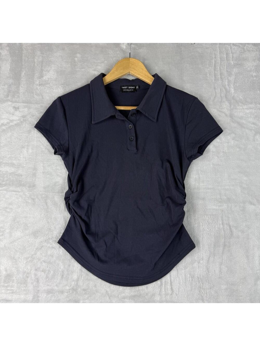 First Sight Women Navy Polo Top Short Sleeve Fitted Minimal Casual Office M Y2K